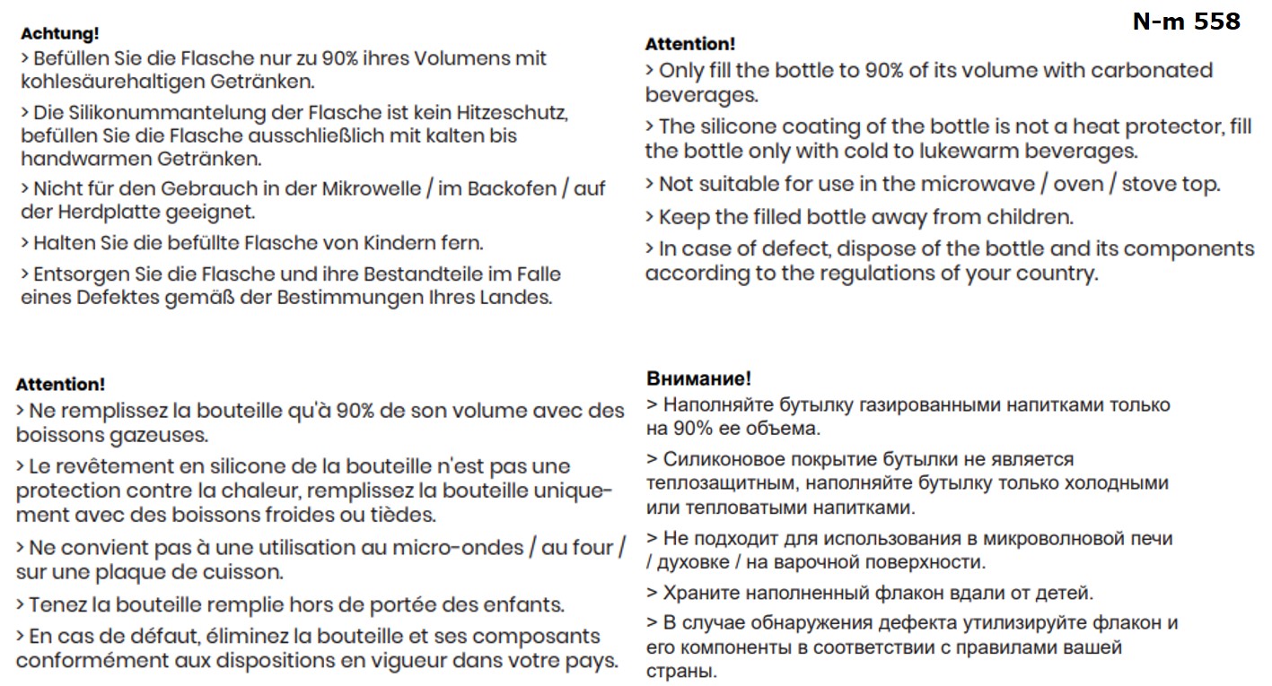 Sicherheitshinweise für Trinkflasche mit Silikonhülle und Bambusverschluß.