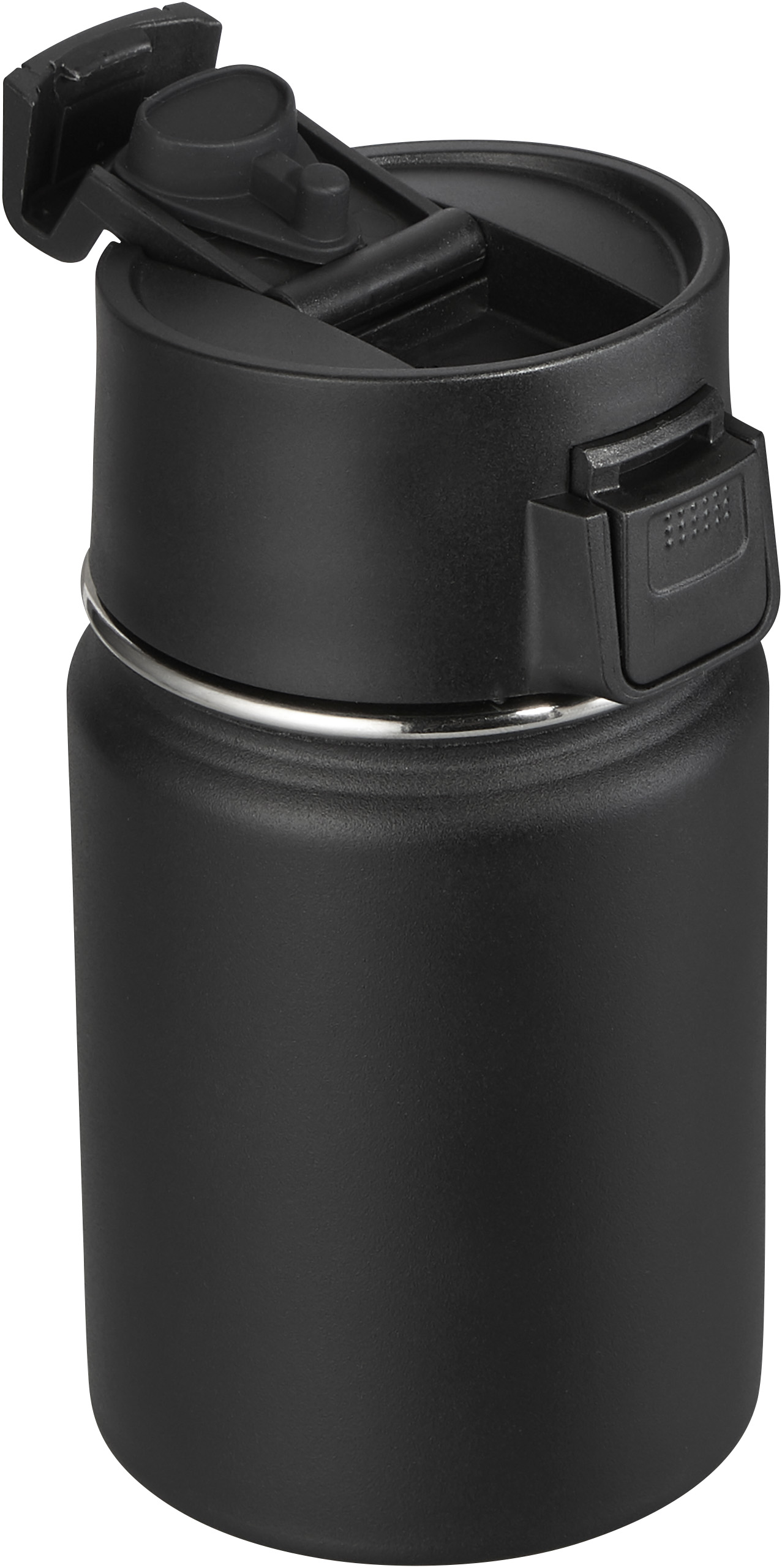 Geöffneter Kaffeebecher to go aus doppelwandigem Edelstahl mit Einhand-Click-Verschluss 350 ML.