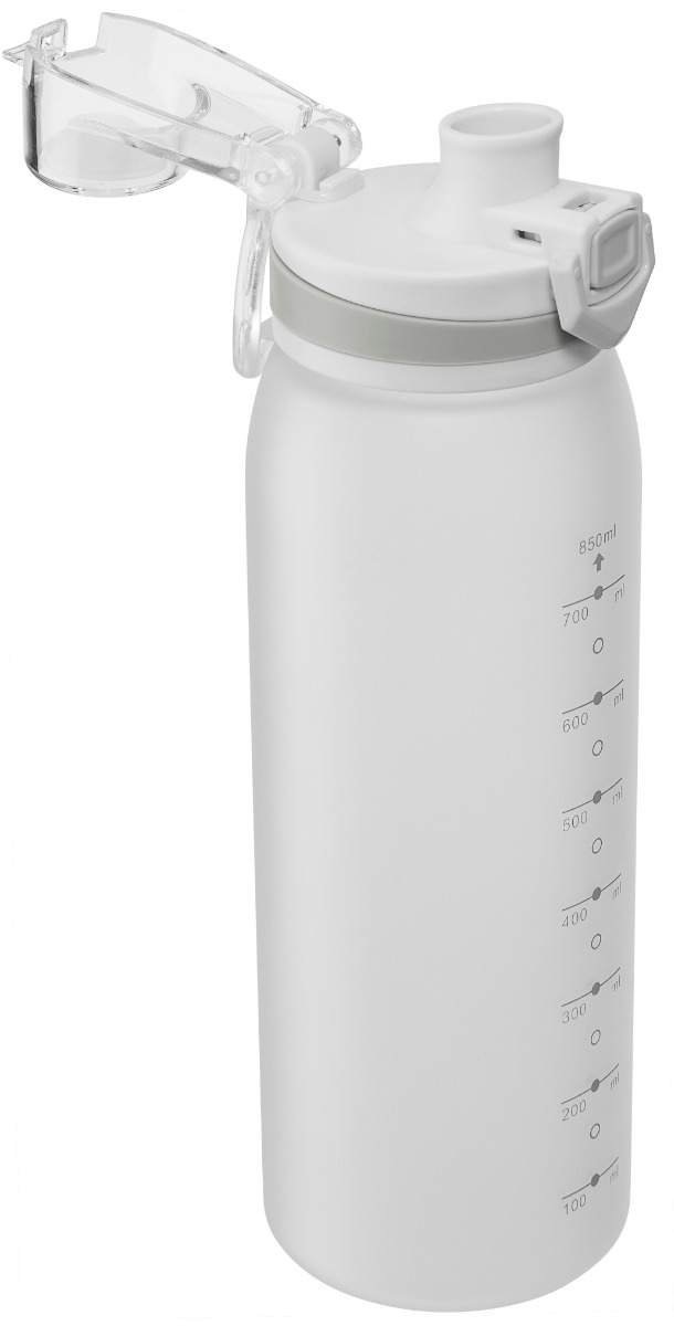 Trinkflasche aus gefrostetem Tritan, BPA frei, mit Klappdeckel und Sieb 900 ML, dargestellt mit offenem Deckel.