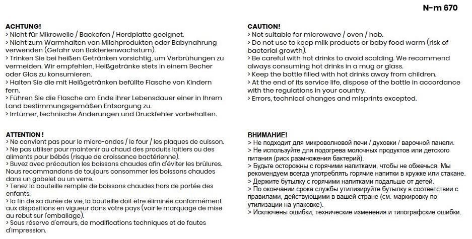 Sicherheitshinweise für die schwarze Vakuumflasche.