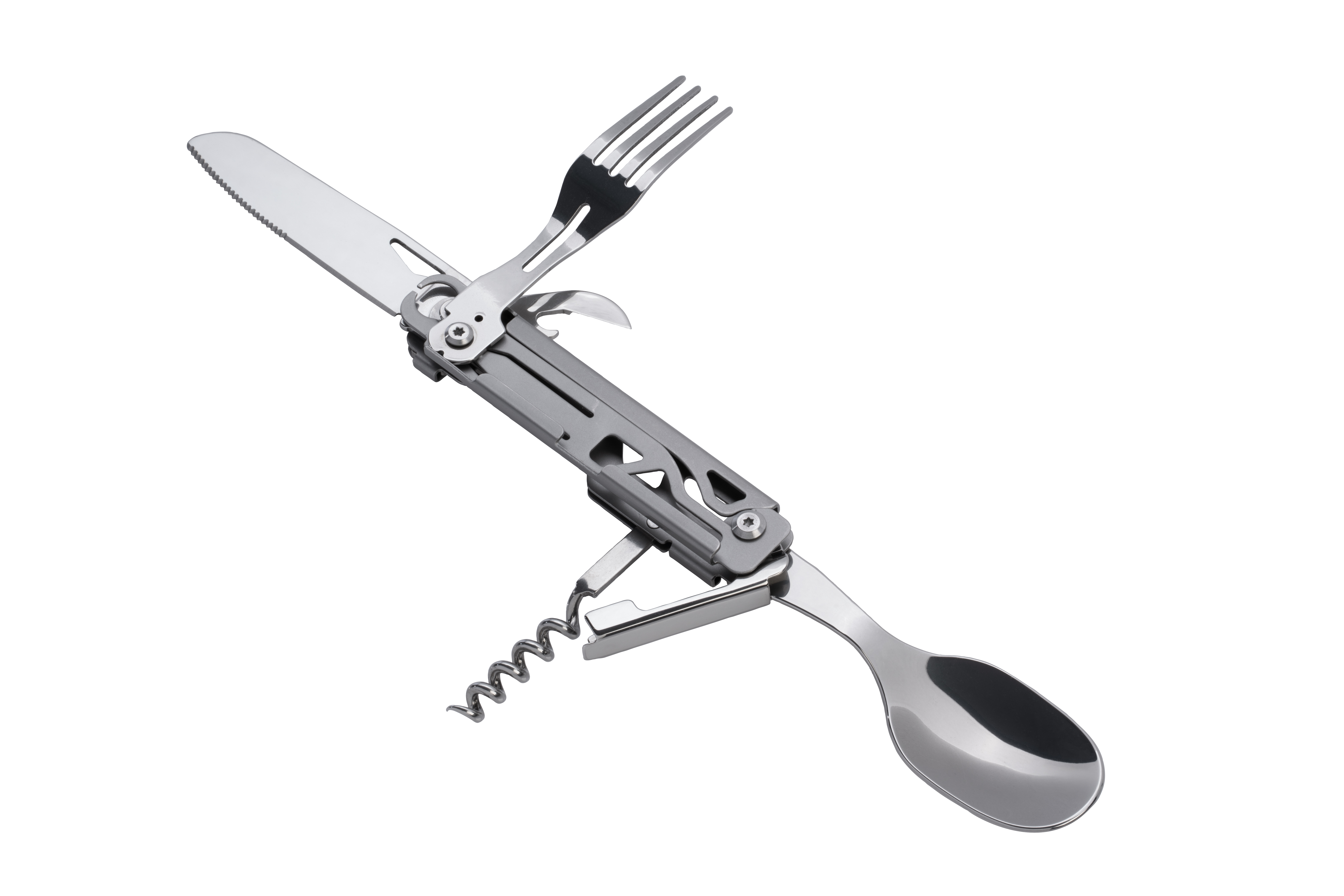 Outdoorbesteck-Set aus Edelstahl, alle Bestandteile geöffnet dargestellt.