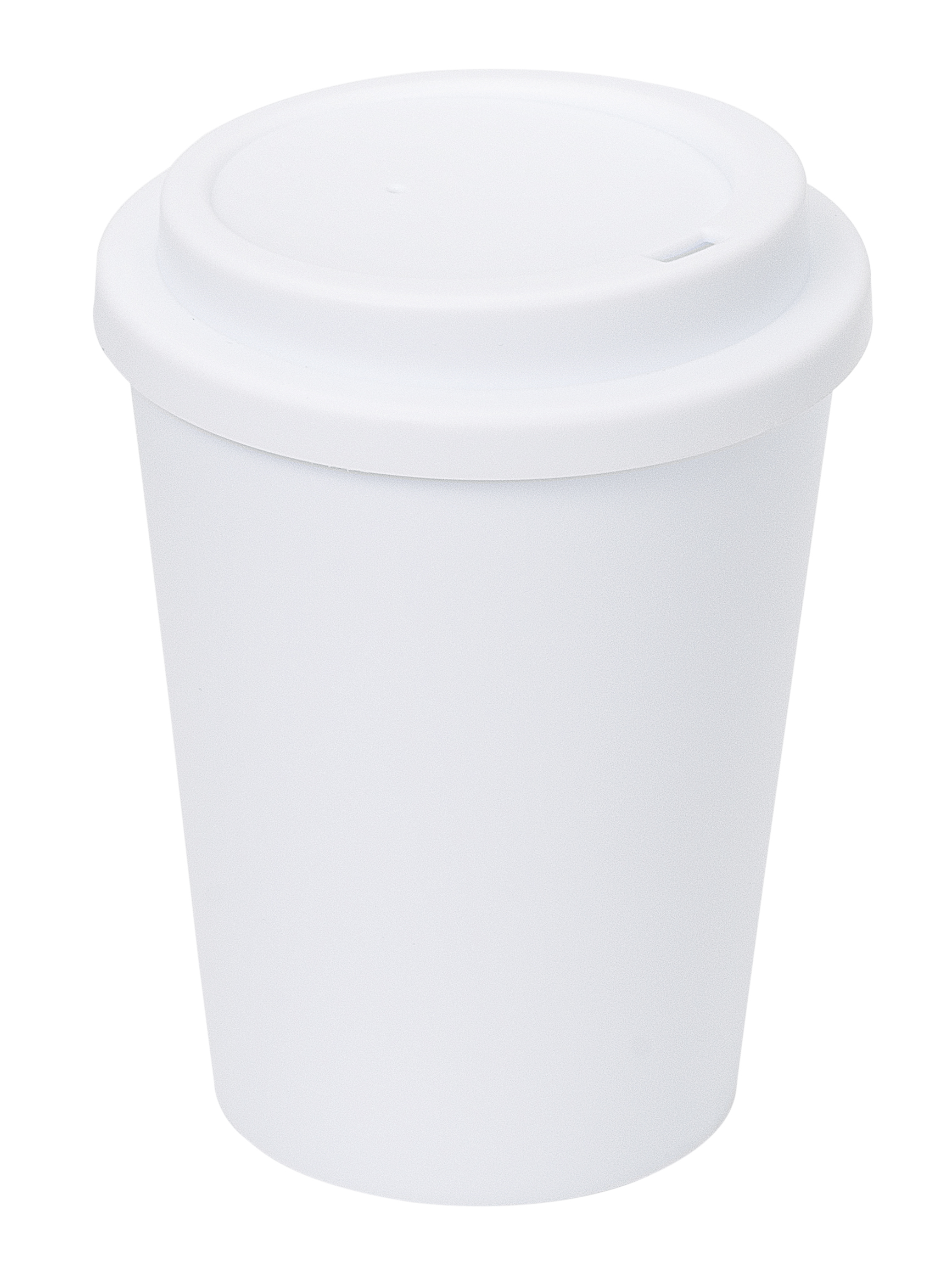 Doppelwandiger, weisser Trinkbecher aus recyceltem Polyprophylen mit Schraubdeckel und Trinköffnung, 300 ML.